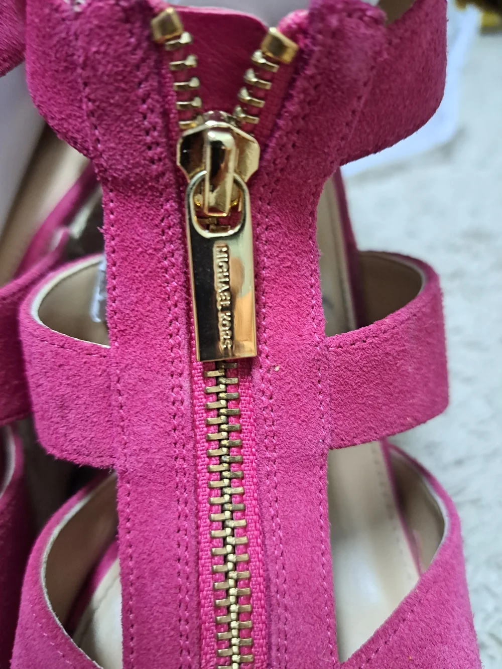 Michael Kors Demita Suede Wedge Sandals with Gold Zip Detail